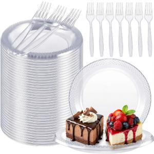 Hushee 600 Pcs Clear Plastic Dessert Plates 6'' with Forks 7'' for Cake Appetizer, 300 Small Disposable Plates and 300 Plastic Forks, Serve 300 Guests for Wedding Birthday Party Bulk
