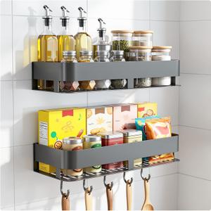 Spice Rack Wall Mount, 2-Pack Carbon Steel Shelf with Hooks | Suitable for spices, oil bottles, seasoning jars and small toiletries on smooth kitchen, pantry or bathroom walls