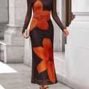 ZESICA Women's Long Sleeve Floral Maxi Dress 2026 Fall Off Shoulder Bodycon Ruched Mesh Cocktail Wedding Guest Dresses (S)