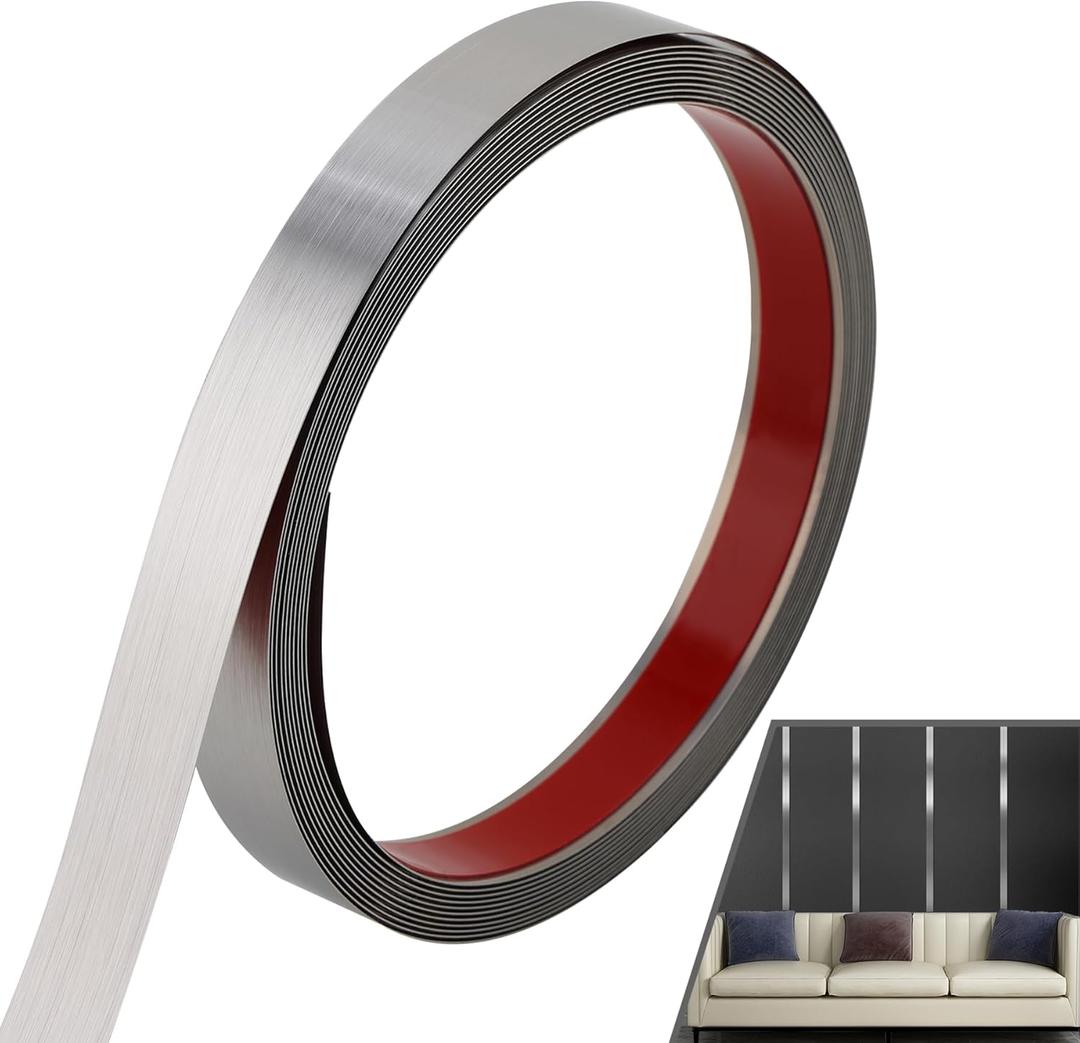 Peel and Stick Metal Finish Molding Trim, Stainless Steel Strip for Wall, Mirror Frame, Fireplace and Craft Decoration (Brushed Silver, 19.7 ft x 1 in)