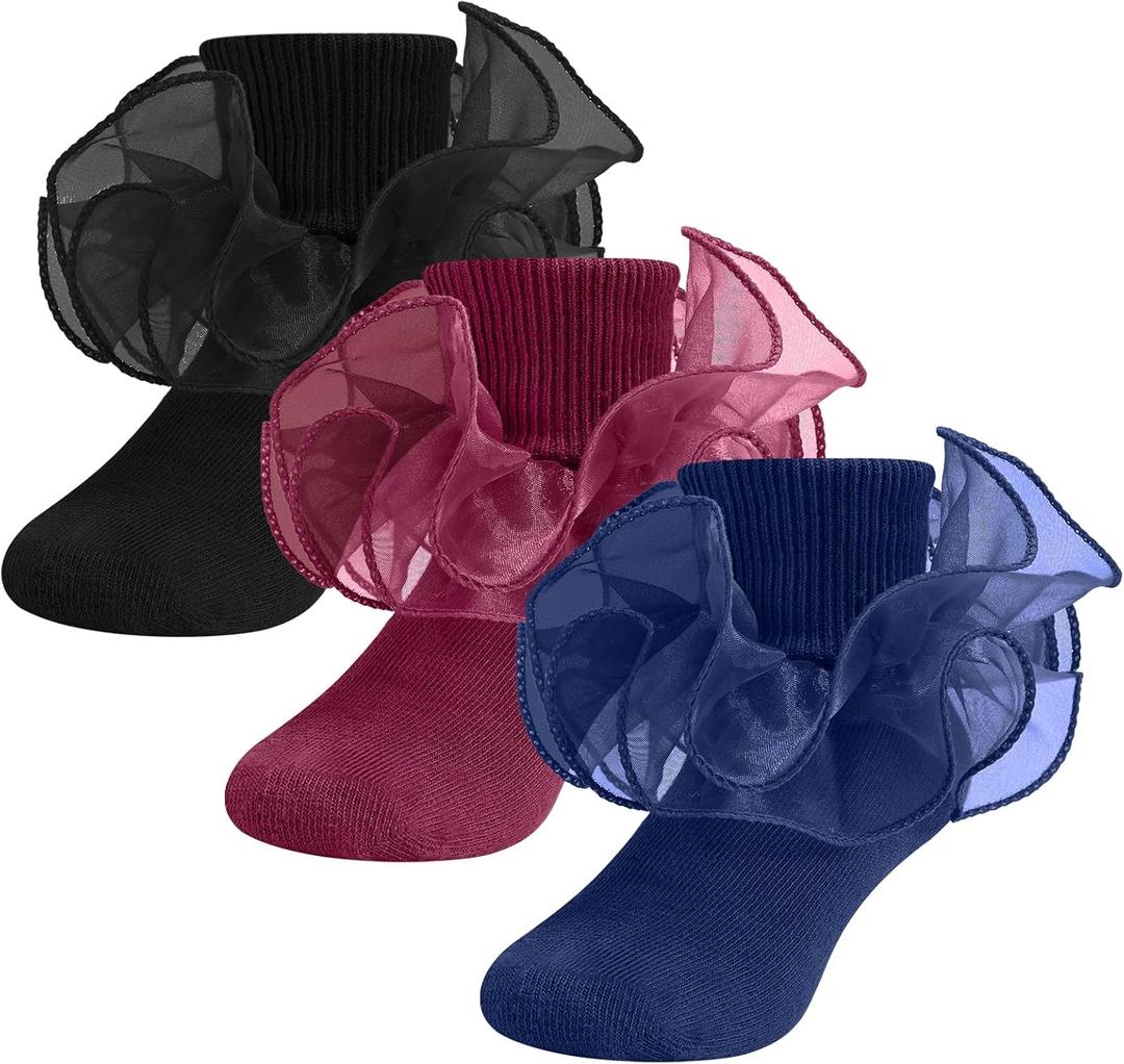 SAOROPEB Toddler Ruffle Socks, 3 Styles5 Size, Frilly Dress Socks for Girls Princess Lace Ruffles Socks Set (4-6 Years, Black-burgundy-navy)