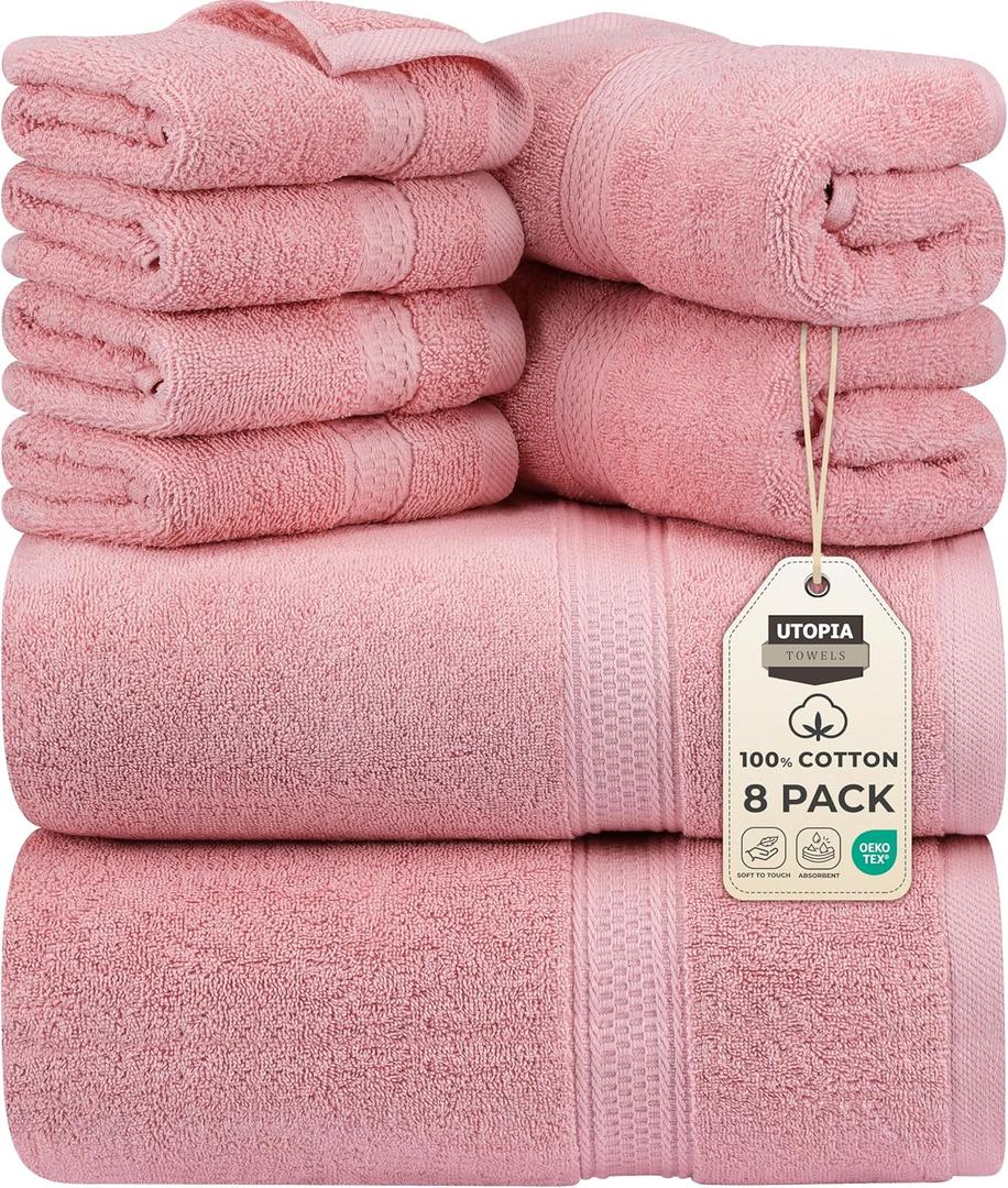 Utopia Towels 8 Piece Premium Towel Set, 2 Bath, 2 Hand, and 4 Wash Cloths, 600 GSM 100% Ring Spun Cotton, Highly Absorbent Towels for Bathroom, Gym, Hotel, and Spa, Dusty Pink