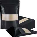 FireKylin 100 Pcs Resealable bags 3.5" x 5.5" Black Paper Bags Zipper Food Storage Bags, Stand Up, Reusable, Sealable, with Matte Window, Black, for Packaging Products