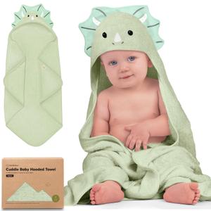 KeaBabies Hooded Baby Towel for Newborn - Viscose Derived from Bamboo Large Baby Bath Towels with Hood for Boys, Girls, Toddler, Extra Absorbent & Soft Newborn Bath Essentials (Triceratops) (Regular 35x35)
