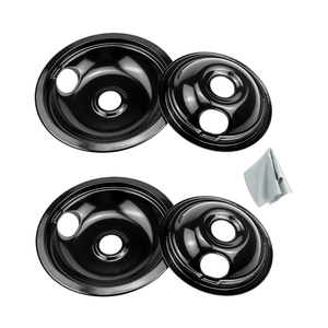 Black Stove Drip Pans Set of 4 Fit for Ken-more, Fri-gidaire Stove, Porcelain Drip Pans Replace 5304430149, 5304430150, 318067041, 318067051 by Fetechmate - Include 2 6-In and 2 8-In Burner Drip Pan