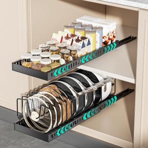 2 Pack Pots and Pans Organizer Under Cabinet, Expandable Pull Out Cabinet Organizer with 10 Adjustable Dividers, Slide Out Pot and Pan Holder for Kitchen Drawers, Black