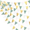 32Ft Sage Green Party Decorations Sage Green and Gold Triangle Flag Fabric Banner Pennant Bunting Garland Streamers for Rustic Party Wedding Baby Shower Birthday Home Nursery Outdoor Garden Decor