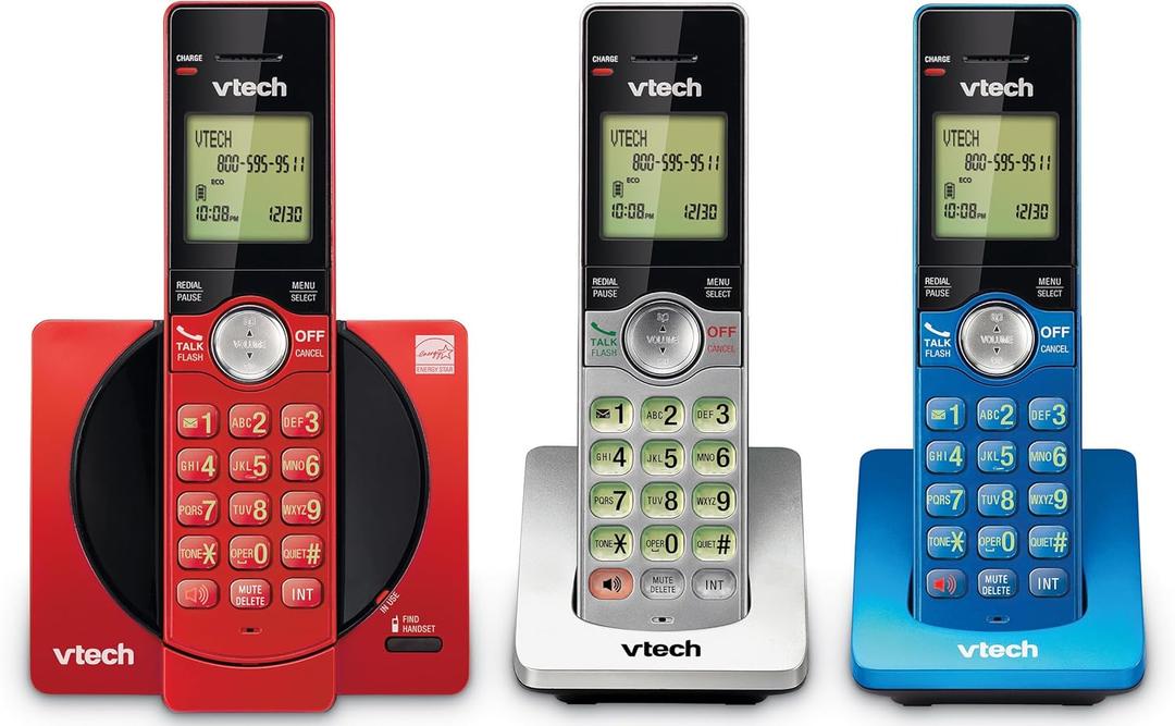 VTech 3-Handset Cordless Phone for Home with Caller ID/Call Waiting, Landline Phones, Illuminated Keypad, Full Duplex Speakerphone, ECO & Quiet Mode, Wall Mount | CS6919-3A (Red/Blue/Grey)