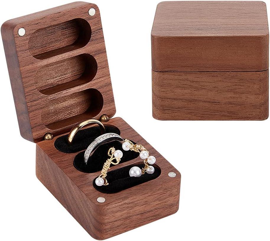 PH PandaHall Solid Wood Ring Box, 3 Slot Ring Box with Clasps and Black Velvet Inside Solid Ring Holder Rectangle Wooden Ring Case Box for Wedding Ceremony Engagement Birthday
