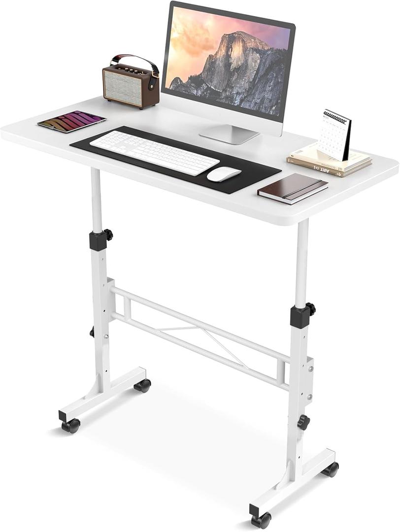 Small Standing Desk Adjustable Height, Mobile Stand Up Desk with Wheels, 32 Inch Portable Rolling Desks for Walking Pad Treadmill White