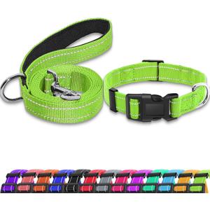 Reflective Dog Collar with Safety Locking Buckle, Adjustable Soft Breathable Nylon Collars for Small, Medium and Large Dogs(Collar+Leash XL Green)