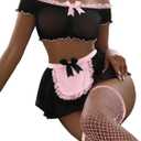 Sexy Stockings Mini Skirt Mesh Sheer Lace Halloween Costume Maid Outfit Lingerie with Thong Set 4 Piece (XL)