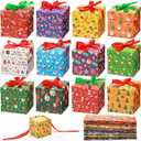 Cholemy 60 Pieces Christmas Gift Boxes with Lids Small Squared Boxes with Ribbon Xmas 4x4x4 Boxes Holiday Bow Box Gift Wrap Boxes for Christmas Party Favor Present, 12 Designs(Classic Style)