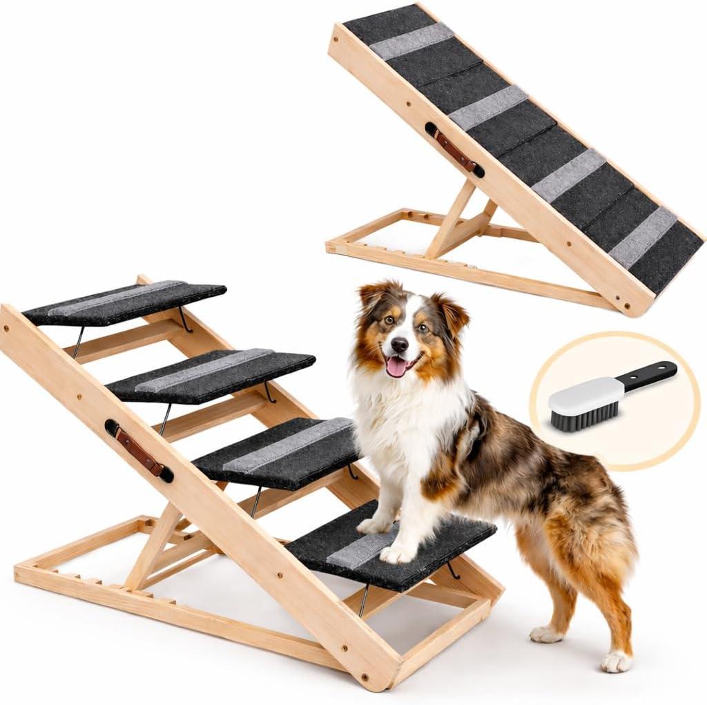 4 Steps Wood Pet Stairs & Ramp for Small and Medium Dogs and Cats, Portable Ramp Pets 2-in-1 Foldable, Non-Slip Pet Ladder for Tall Beds, Sofa, Cars, Holds Up to 220 lbs (4 Steps)