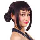 FantaLook Short Black Purple Cosplay Wig with 2 Buns for Halloween Party Costume