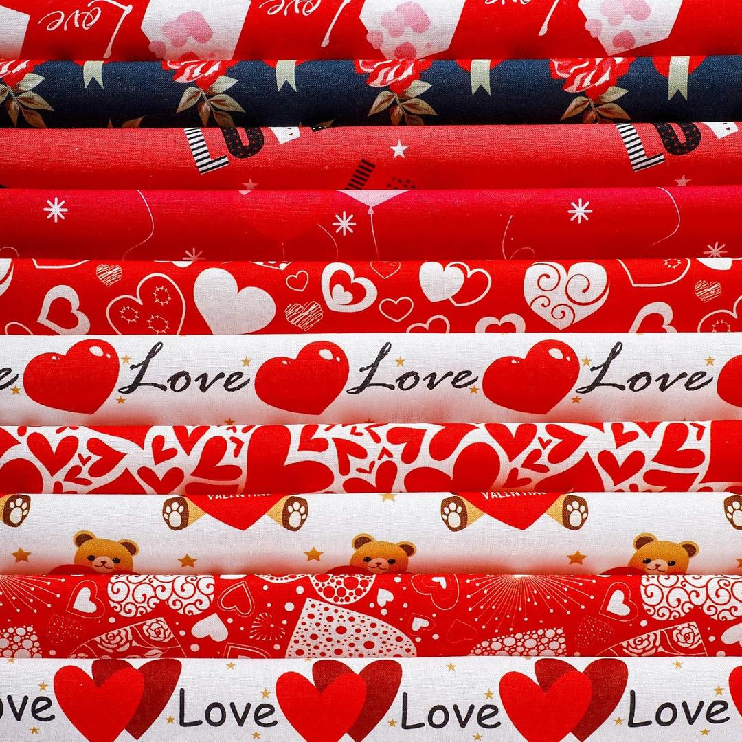 Irenare 10 Pieces Valentines Day Fabric Heart Love Roses Romantic Cotton Fabric Quilting Patchwork Sewing Bundle Fat Quarters Precut Flower Scraps for Holiday DIY Craft, Red(18 x 22 Inch)