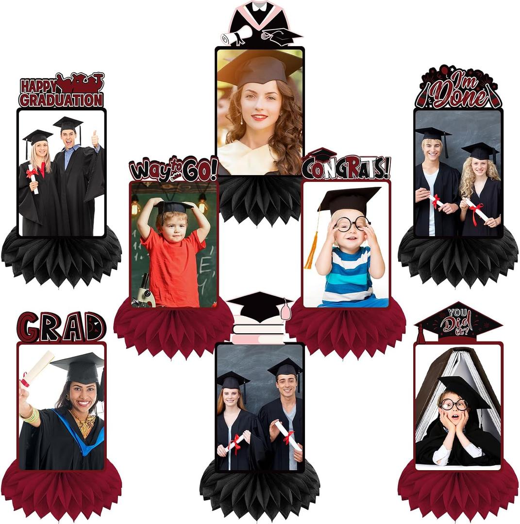 8 Pcs Graduation Party Decorations Class of 2026 Graduation Honeycomb Centerpieces Table Decor Grad Photo Display Congrats Grad Table Toppers for Party Favor(Black Crimson)