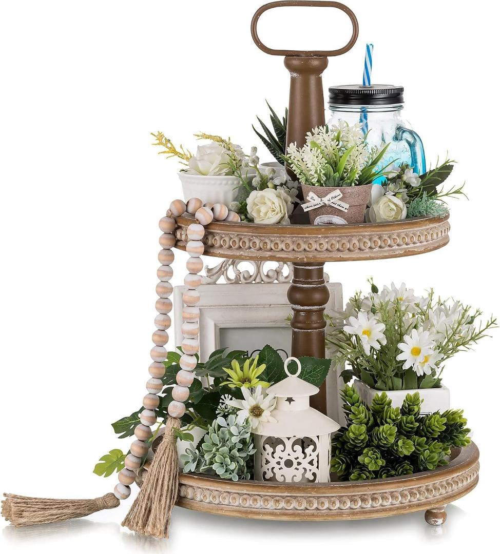 Hanobe Two Tiered Tray Stand: Boho Spring 2 Tier Decorative Trays - Vintage Round Coffee Table Decor Display Stands for Living Room Kitchen Centerpieces