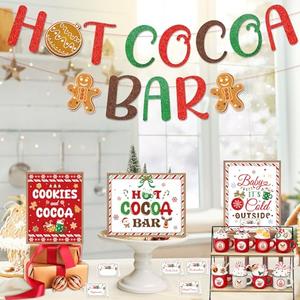 VorkiVecKi Hot Cocoa Banner Bar - 47Pcs Hot Cocoa Christmas Bar Kit Red Green Chocolate Sign Cup Tags Baby It's Cold Outside Fold Toppings Labels for Winter Birthday Baby Bridal Shower Party Supplies