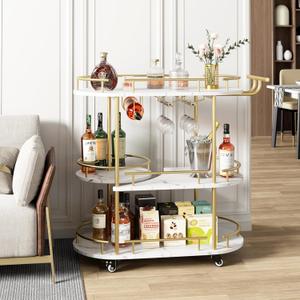 GarveeHome Gold Bar Carts with 4-Tiers Storage ShelvesMobile Bar Seving Carts On Wheels with Wine Rack and Glass Holder for Kitchen, Dining Room, Living Room-Gold+White