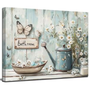 Vintage Farmhouse Bathroom Canvas Wall Art Rustic Flower and Butterfly Decor Pictures White Jasmine Flowers Watering Can Posters Prints for Bathroom Toilet Washroom Lavatory Home Decoration