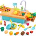 CUTE STONE Kids Pretend Play Sink with Running Water, Toddler Sink Toy with Upgraded Electric Faucet, Play Kitchen Accessories, Cooking Stove, Vegetable Garden Toys, STEM Learning Gift for Ages 3+ (Yellow)