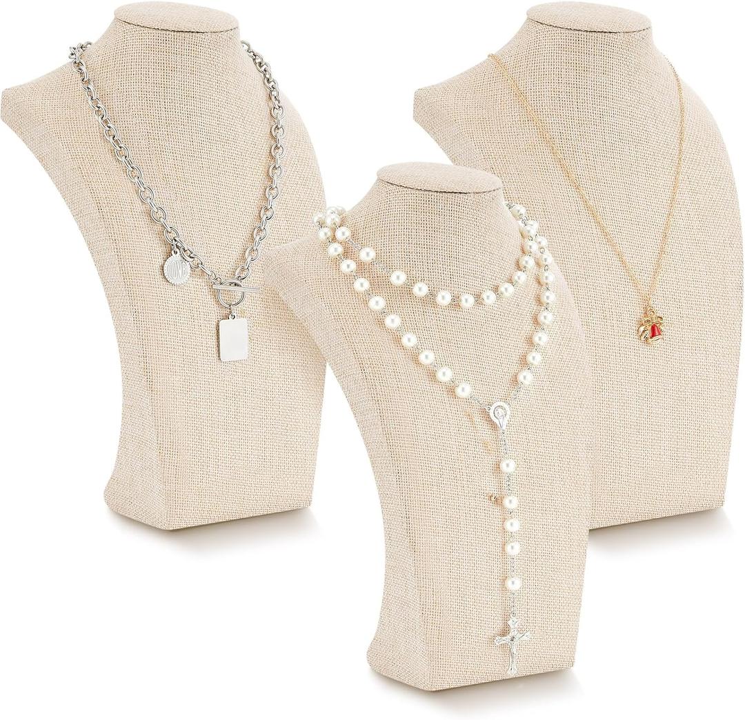 Kigley 3 Pcs Linen Jewelry Display Bust Necklace Display Stand Necklace Mannequin Holder for Jewelry Selling Trade Shows