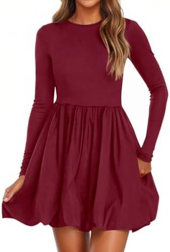 PRETTYGARDEN Fall Dresses for Women 2026 Casual Long Sleeve Bubble Cute Crew Neck A Line Mini Short Dress with Pockets M, Wine Red