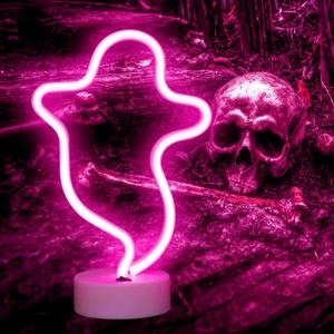 Ghost Neon Signs Halloween Night Lights, LED Signs Ghost Shape Lamp Neon Lights for Nursery Room Wall, Festival, Party Christmas Decor-Ghost with Holder Base(Pink)