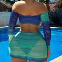 SOLY HUX Women's 3 Piece Bathing Suit Gradient Off Shoulder Long Sleeve Swimsuit Bikini Sets with Beach Skirt (Blue, L)