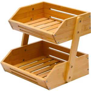Fruit Basket, 2 Tier Bamboo Fruit Basket for Kitchen, 11" Tall Fruit Stand Storage Holder, Heavy Duty/Large Capacity for Vegetables, Fruit, and Snack, 15 mm Thickness (Self-assembly) (Natural)