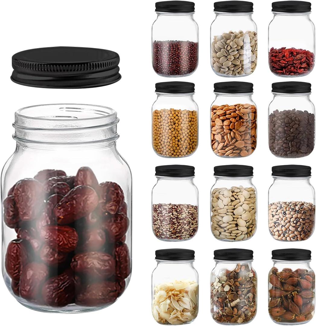 novelinks 16 oz Plastic Storage Jars with Metal Lids  12 Pack BPA-Free Clear Food Containers for Pantry, Spices, Snacks, Crafts  Airtight & Leak-Proof Reusable Jars for Kitchen and Home Use (Black)