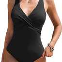 AI'MAGE Women's One Piece Swimsuit 2025 Tummy Control Bathing Suit V Neck Retro Ruched Push Up Swimwear (Black, Large)