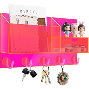 Acrylic Key Holder Wall Mount Mail Organizer for Wall with Shelf Storage Drawer and 5 Hooks, Neon Pink