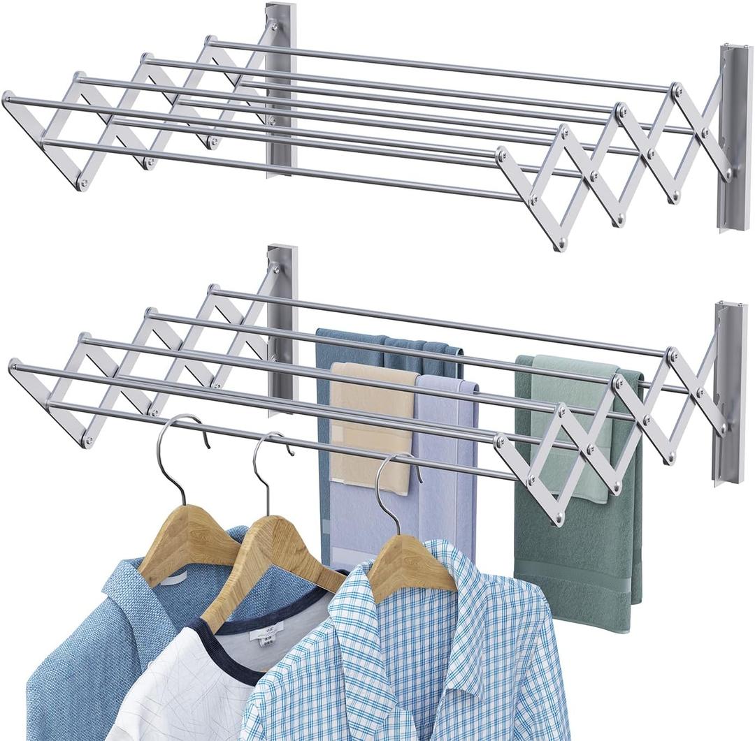 X-cosrack Wall Mounted Clothes Drying Rack, 31.9" Wide Large Rustproof Retractable Laundry Drying Rack, 8 Bar Space-Saving Aluminium Alloys Clothing Hanger Drying Racks forLaundry (Silver)