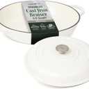 Larder & Vine Enameled Cast Iron Braiser | 3.6 qt Braiser Pan with Lid | Shallow Dutch Oven Compatible on All Cooktops | Casserole Dish Oven Safe to 500 F | Dual Handles | White