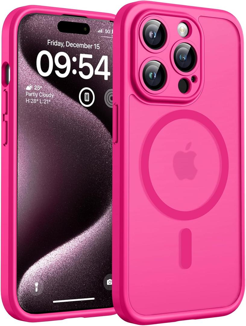TOCOL Magnetic for iPhone 15 Pro Max Case, Upgraded Full Camera Protection, Compatible with Magsafe, Drop Protection, Translucent Matte Back Bumper Phone Cover 6.7-InchHot Pink