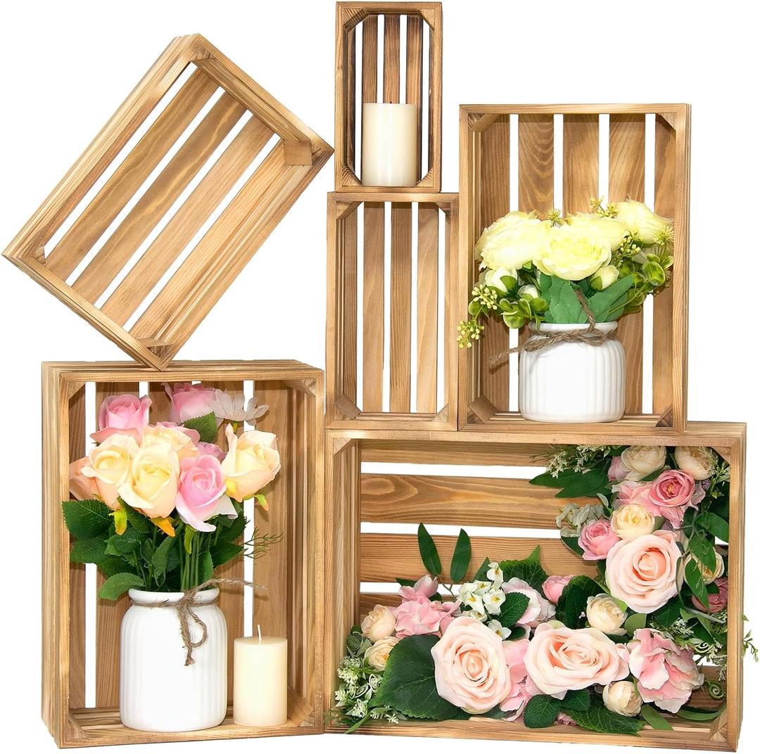 Wooden Crates for Display 6 Pack Large Rustic Nesting Wooden Basket with Handle, Decorative Farmhouse Wood Crate for Storage and Container, 6 Size Wood Basket Decor Boxes