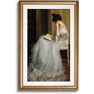 VIYYIEA Gold Framed Large Wall Art with Glass, Women Reading Portrait Pictures for Bedroom Bathroom, Vintage Art Prints, Great Gift for Women Friends, 24x36 Inch