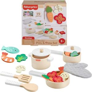 Fisher-Price Wood Kitchen Pretend Play Toy Pots & Pans Set, 19-Piece Playset Wooden, Metal & Fabric for Preschool Kids Ages 3+ Years
