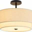 3 Light Double Drum Semi Flush Mount Ceiling Light, Close to Ceiling Light Fixture, 16 Inch with Fabric Linen Shade, Black Brass, for Living Room, Bedroom, Dining Room,Hallway and Entryway