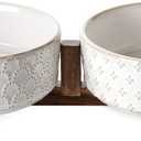 LE TAUCI Dog Bowl Set with Acacia Wood Stand - 1.5-Cup Ceramic Puppy Bowls for Small Dogs, Dual Food and Water Bowls with Weighted Non-Slip Base (Fireworks+Clover)