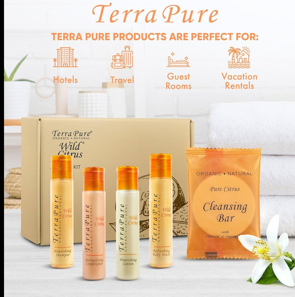 Terra Pure Amenity Kit | Boxed Hotel Toiletries Bulk Set | 1 oz Shampoo, Conditioner, Lotion, Body Wash & Cleansing Bar | 60 units of 5 pieces. Sample Pack