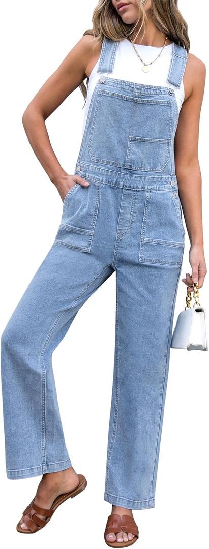 luvamia Jean Overalls for Women Straight Leg Baggy Stretchy Denim Bib Adjustable Strap Casual Overall Jumpsuit Loose Fit (Medium, Cool Blue)