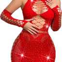 Avidlove Fishnet Lingerie Womens Mesh Chemise One Piece Babydoll Mini Dress Lace Sparkle Rhinestone Lingeries for Women (Red)