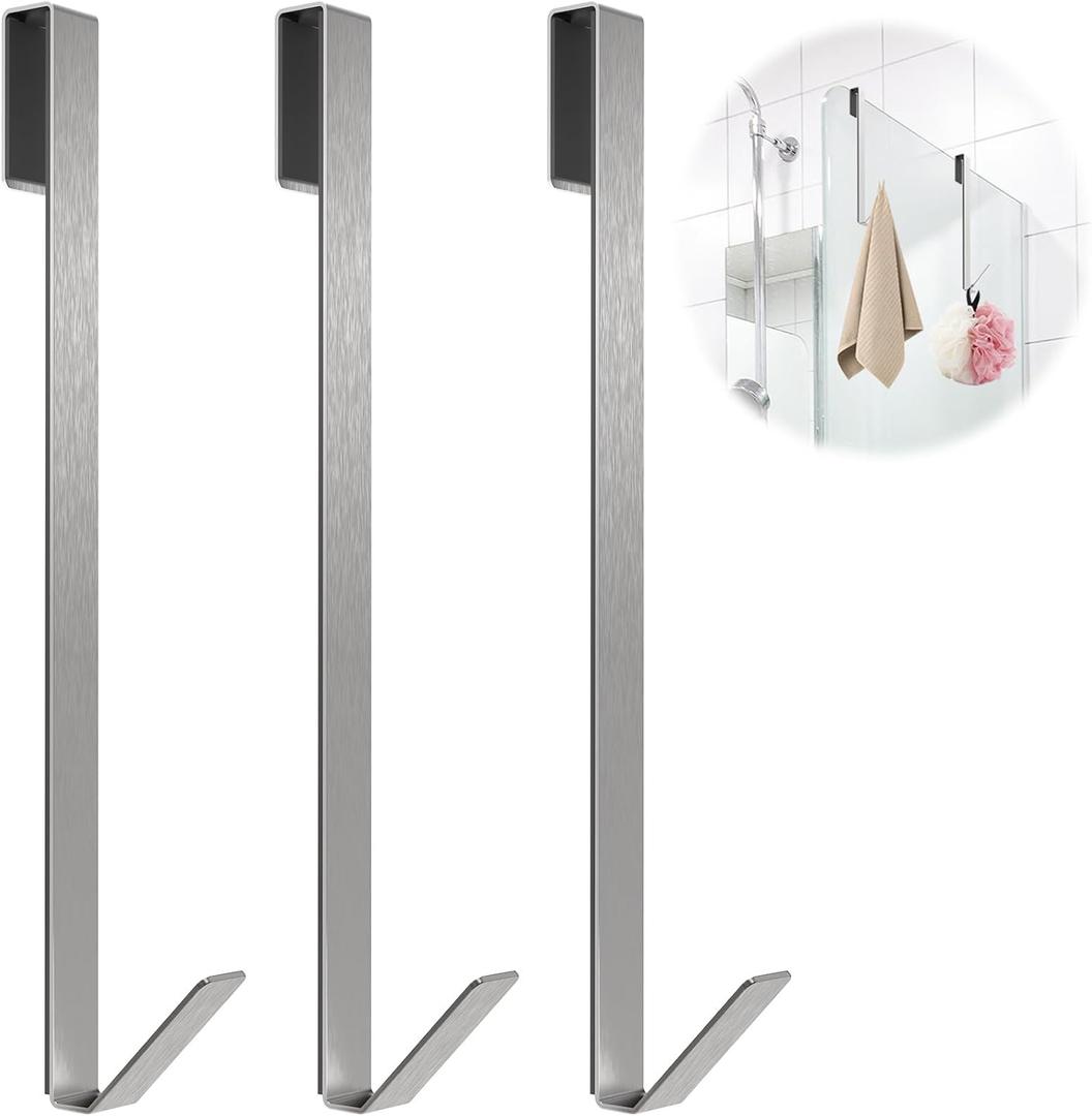 Linone 12 in Shower Door Hooks, Towel Hooks for Bathrooms, Shower Hooks for Towels, Heavy Duty Drilling-Free Extended Over Door Towel Hooks for Frameless Glass Shower Door, 3 Pack