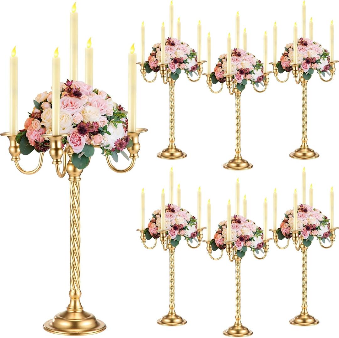 Tanlade 6 Pack Gold Candelabra Table Centerpieces Tall Candelabra Wedding Metal Candle Holder 5 Arm Taper Candlestick Floral Flower Floor Candle Stand for Dining Holiday Ceremony Easter Party(21 Inch)