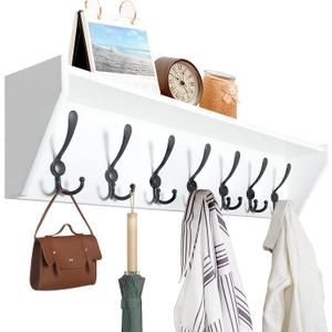 WEBI Coat Rack Wall Mount with Shelf,35" Long White Shelf with Hooks Underneath,7 Triple Hooks,Key Rack for Wall,Entryway Shelves for Wall, White/Black