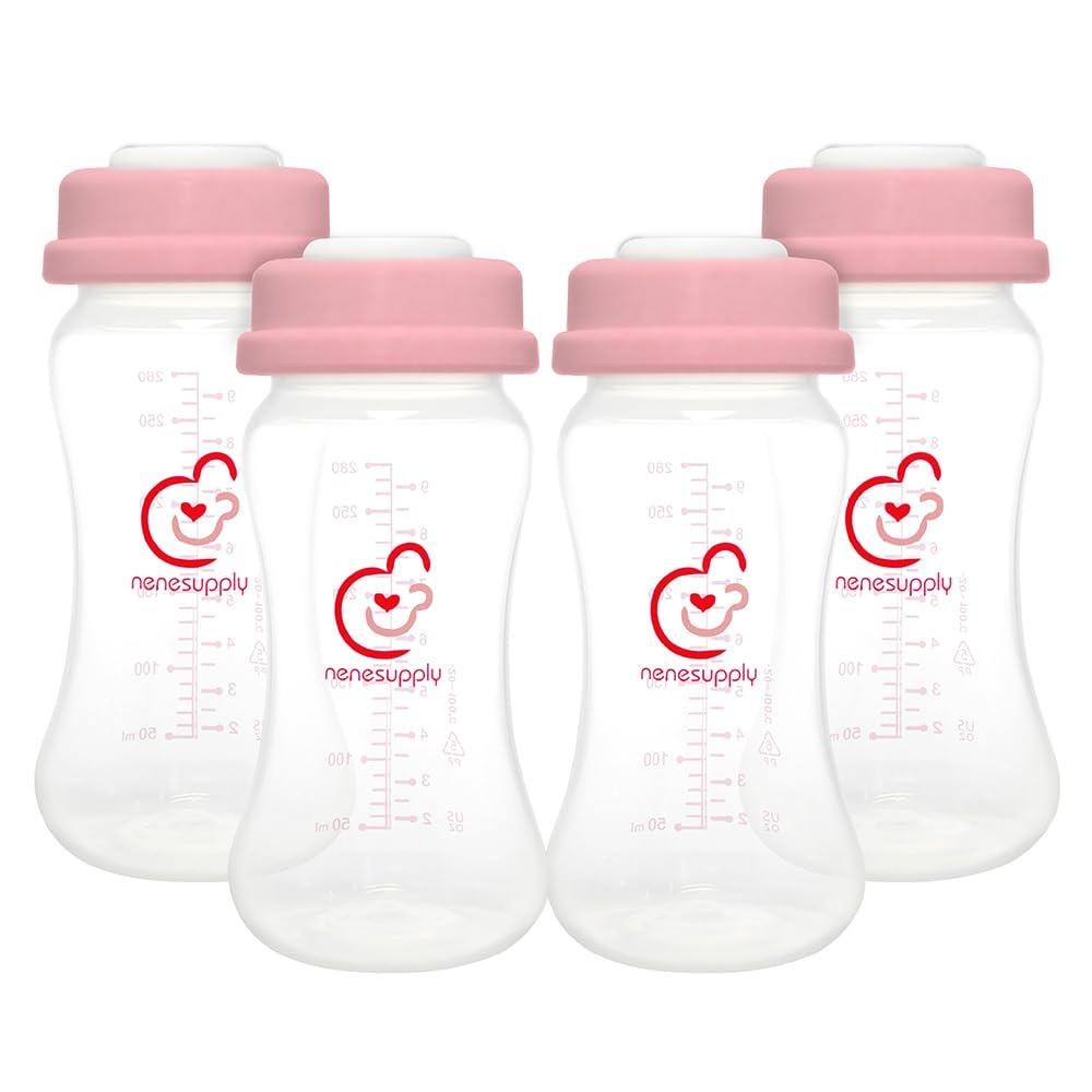 NENESUPPLY Breastmilk Storage Bottles Collection for Spectra S1 S2 Motif Luna Breast Pumps 4 pc 9oz 280ml with Collar and Sealing Disc. Replace Spectra Bottles for Pumping Wide-Mouth (Pink1)