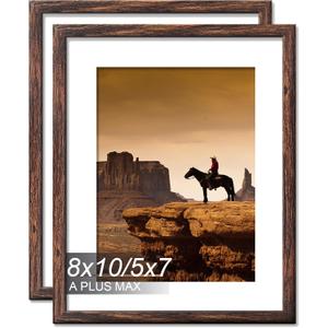 2 x A PLUS MAX 8x10 Picture Frame Set of 2, Brown Engineered Wood Frame for 8 x 10 Inch Picture Poster Photo, Light Weight 8 by 10 Frame with Wood-grain for Wall - 2 Pack/Brown/8"x10"